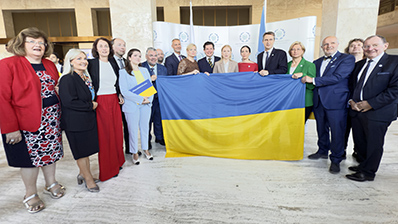 Fra venstre generalsekretær i IPU, Martin Chungong, Morten Wold, president i IPU, Tulia Ackson, generalsekretær for FN i Genève, Tatiana Valovaya og stabssjef for FNs generalsekretær António Guterres, Courtenay Rattray. Foto: IPU/Mark Henley.