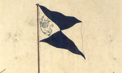 Forslag til flagg fra repr. C. M. Falsen, utstilt i Stortinget som nr. 15. 