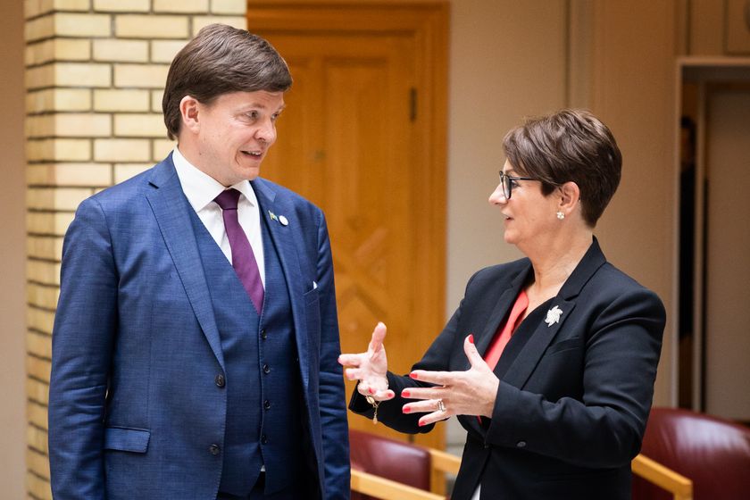 Den svenske talmannen Andreas Norlén og stortingspresident Tone W. Trøen, her avbildet da Norlén besøkte Stortinget i juni.