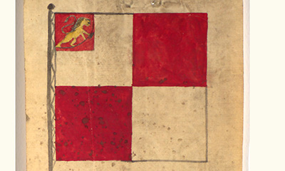 Flaggforslag fra mai 1821, utstilt i Stortinget som nr. 18. Kvadratisk flagg, hvitt og rødt  rutet med riksløve på rød bunn øvert i venstre hjørne.