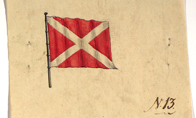 Forslag til flagg fra mai 1821, utstilt i Stortinget som nr. 13
