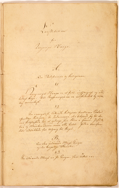 Norges grunnlov av 17. mai 1814, første side med § 2. Foto: Stortinget.