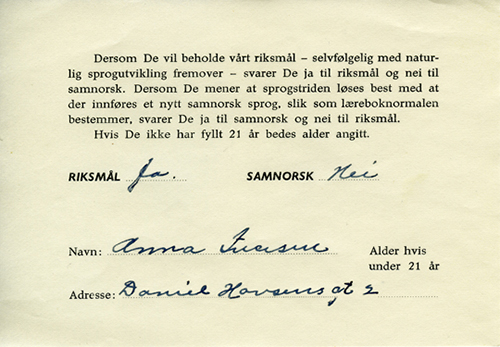 Eksempel på ein stemmesetel frå Foreldreaksjonen for moderate sprogformer i Bergen i 1958. Foto: Stortinget.
