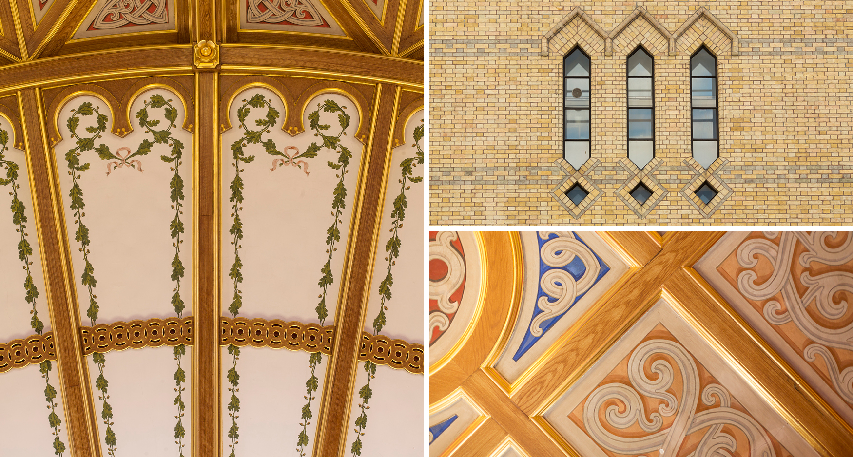 Tre bilder med fokus på detaljer fra tak og vindu.