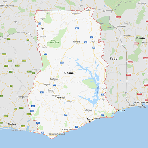 Kart over Ghana. Kartdata©2019 Google.