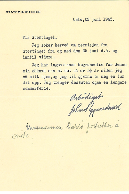 Permisjonssøknaden fra Johan Nygaardsvold ble referert i Stortinget 25. juni 1945. Foto: Stortinget.