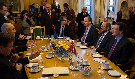 Martin Schulz og José Manuel Barroso (til høyre) på stortingspresident Dag Terje Andersens kontor.