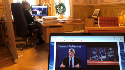 Ingjerd Schou (H) deltok digitalt fra sitt kontor. Foto: Stortinget.