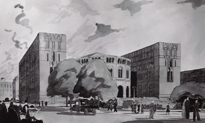 Esben Poulsson fikk 3. plass i Stortingets arkitektkonkurranse i 1949. I forslaget «Fugl dam» ble stortingsbygningen forhøyet med to etasjer.