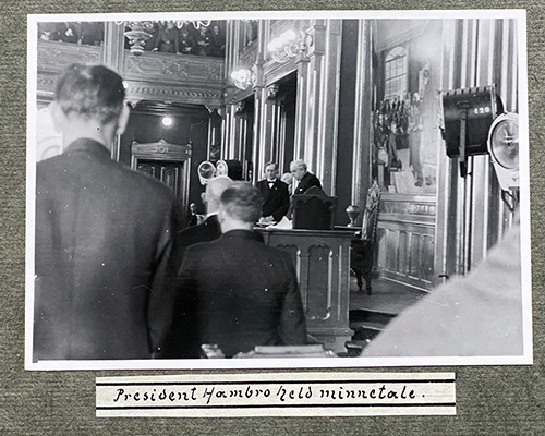 President of the Storting Hambro delivering the memorial address during the Storting’s first sitting on 14th June 1945.