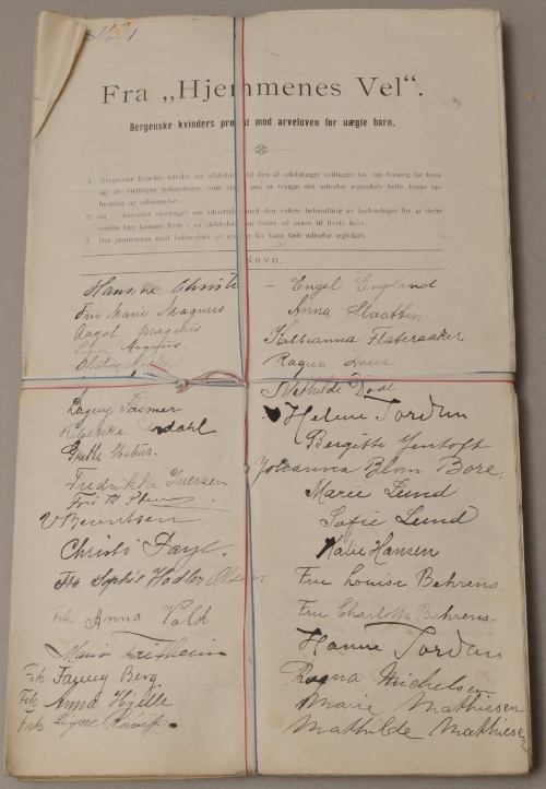 Signature petition from Hjemmenes Vel, a homemakers’ association in Bergen. Photo: Storting Archives.