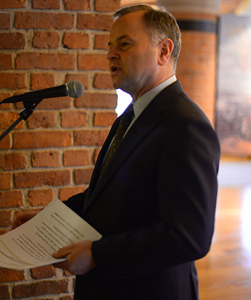 Stortingspresident Olemic Thommessen åpnet utstillingen med en tale, hvor han blant annet snakket om maleriets plassering i stortingssalen.