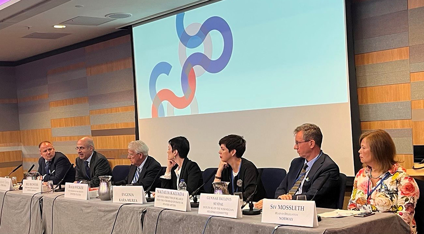 Panel members at the side event hosted by the Norwegian, US and Lithuanian delegations. From left to right: Giedrius Surplys, Bill Browder, Roger Wicker, Evgenia Kara-Murza, Natalia Kaliada, Gunnar Ekeløve-Slydal and Siv Mossleth.