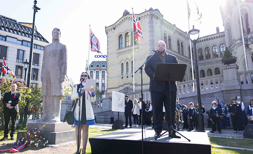 Ruslan Stefansjuk gives a speech outside the Storting on the 17th of May, 2022.