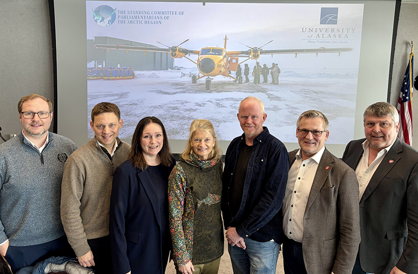 Left to right: Erlend Svardal Bøe (Conservative Party), Sigurd Kvammen Rafaelsen (Labour Party), Monica Nielsen (Labour Party), Senator Lisa Murkowski, Lars Haltbrekken (Socialist Left Party), Dagfinn Olsen (Progress Party) and Bengt Rune Strifeldt (Progress Party)