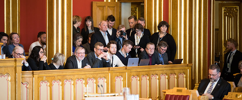 Fullsett presselosje under debatten etter Sylvi Listhaug sin avgang som justis-, beredskaps- og innvandringsminister 20. mars 2018. Foto: Stortinget.