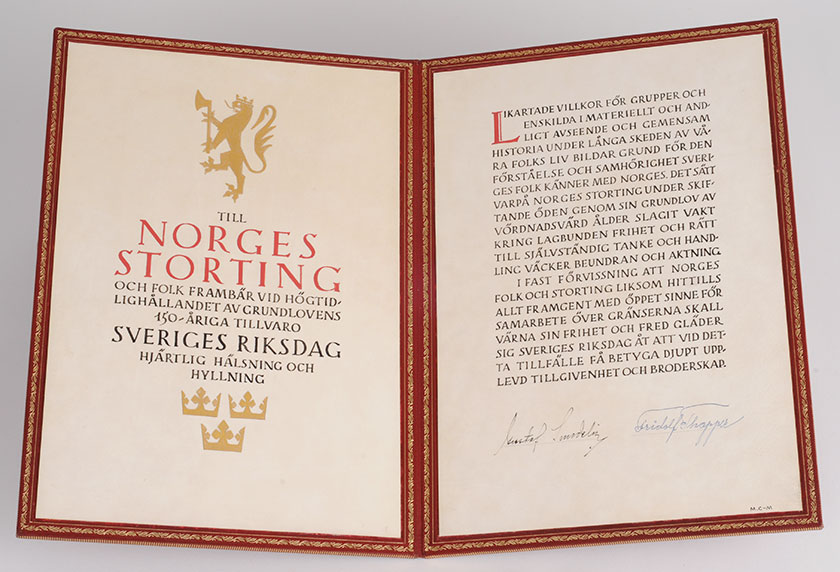 Hilsningsadresse fra Sveriges Riksdag i anledning den norske Grunnlovens 150-års jubileum i 1964.