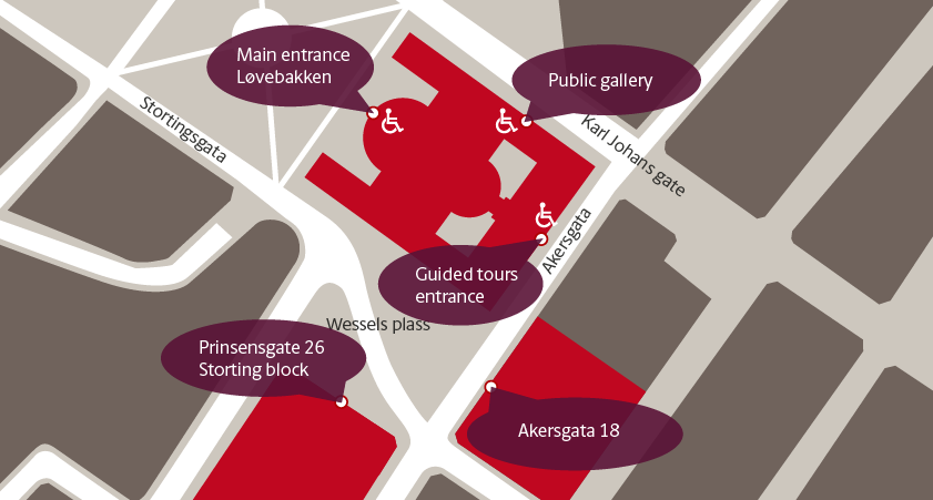 Map of the Storting buildings and entrances.