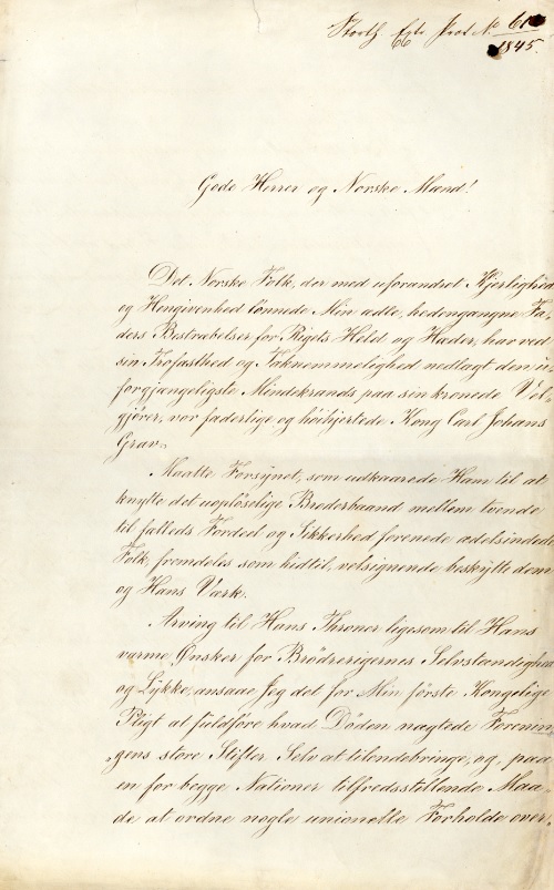 Manuskriptet til den første trontale framført av kongen selv på norsk 10. februar 1845.