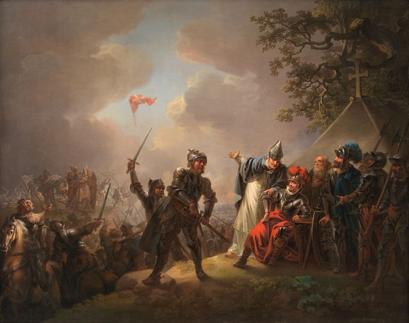 Dannebrog falder ned fra himlen under Volmerslaget ved Lyndanisse (Tallin) i Estland den 15. juni 1219, av C.A. Lorentzen 1809, Den Kongelige Malerisamling.