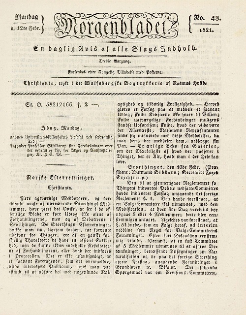 Faksimile av Morgenbladet 12. februar 1821, hvor de erklærer at de skal rapportere fra Stortingets debatter.