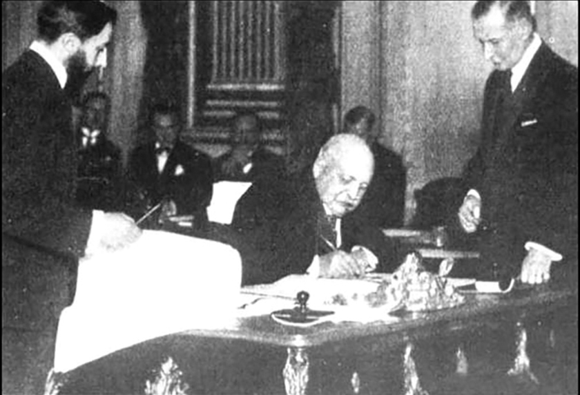 Fritz Wedel Jarlsberg, head of the Norwegian negotiating team, signing the Svalbard Treaty on 9th February 1920.