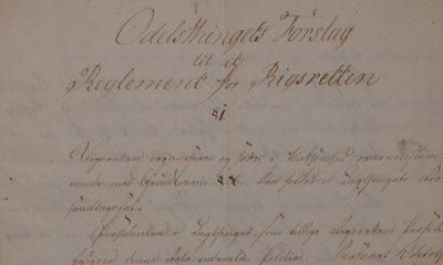 Odelstingets utkast til reglement for Riksretten fra 1815. Stortingsarkivet.