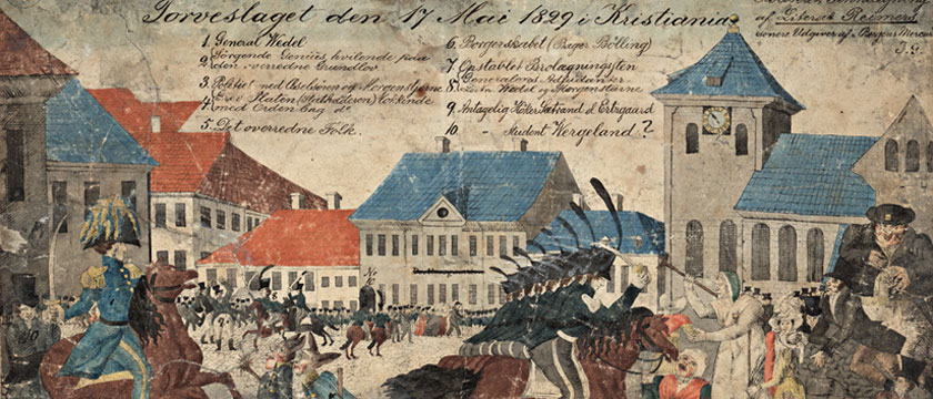 Konflikten mellom Stortinget og Carl Johan toppet seg da kongen forbød feiringen av 17. mai i 1828. Tegningen viser det såkalte Torgslaget året etter, da soldater angrep folkemengden den 17. mai 1829 i Christiania. Foto: Nasjonalbiblioteket.